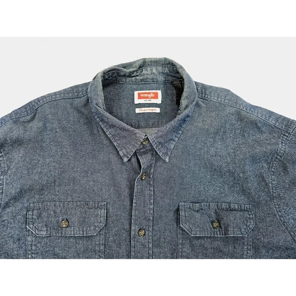 Wrangler Size 2XL Men's Blue Denim Logo tag Long Sleeve Two Pocket Shirt - Picture 11 of 12